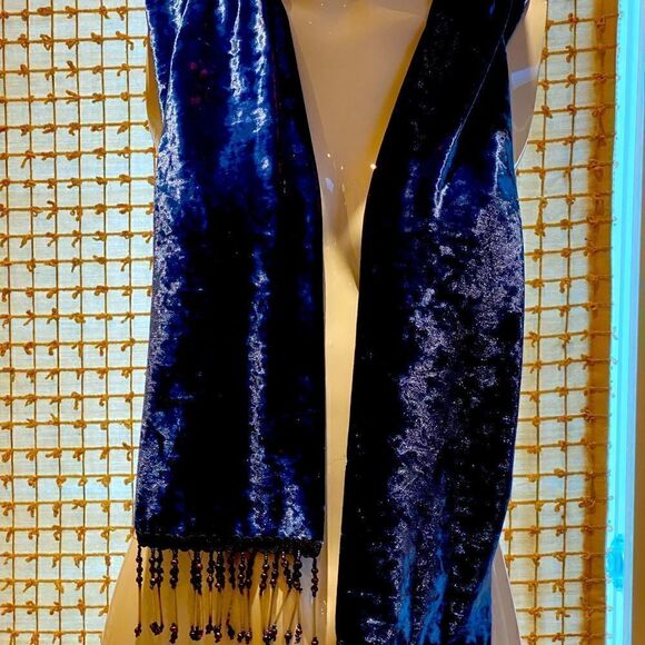 Blue Iridescent Velvet scarf with Beaded Tasels - Picture 1 of 2
